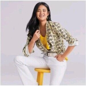 Cabi Providence Shirt Jacket in a gray, white, and yellow print